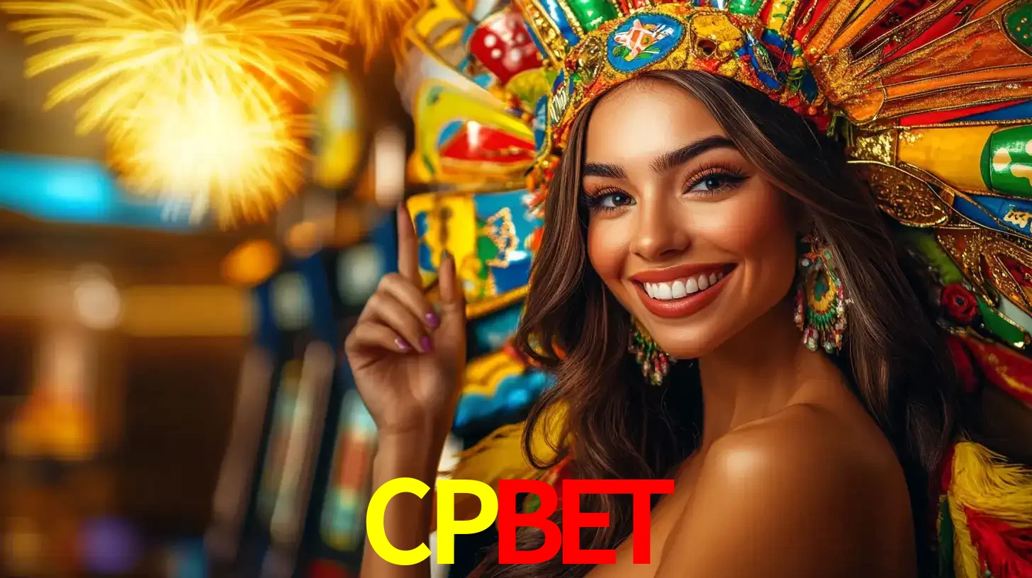 Mulher sorridente com um cocar de carnaval vibrante e colorido, celebrando uma grande vitória nos jogos do cassino CPBET com fogos de artifício ao fundo.