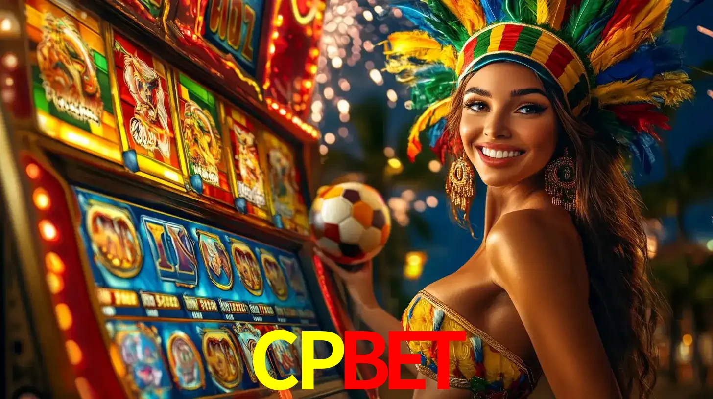 Mulher com um cocar de carnaval ao lado de uma máquina de caça-níqueis enquanto segura uma bola de futebol, mostrando a união da diversão de cassino e esportes no CPBET.
