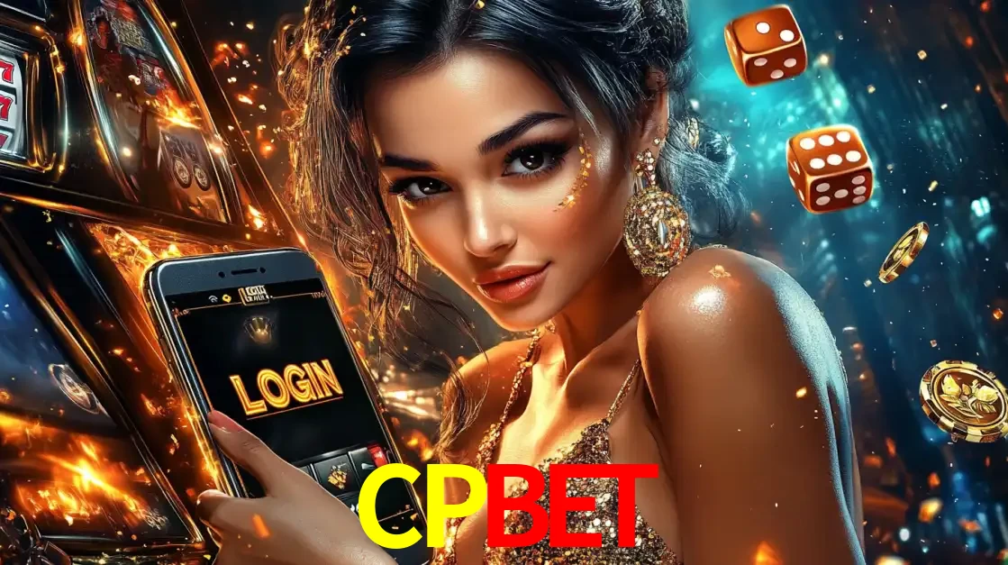 Mulher glamourosa segurando um celular com a tela de login do cassino CPBET, rodeada por dados e moedas douradas, pronta para começar a diversão.