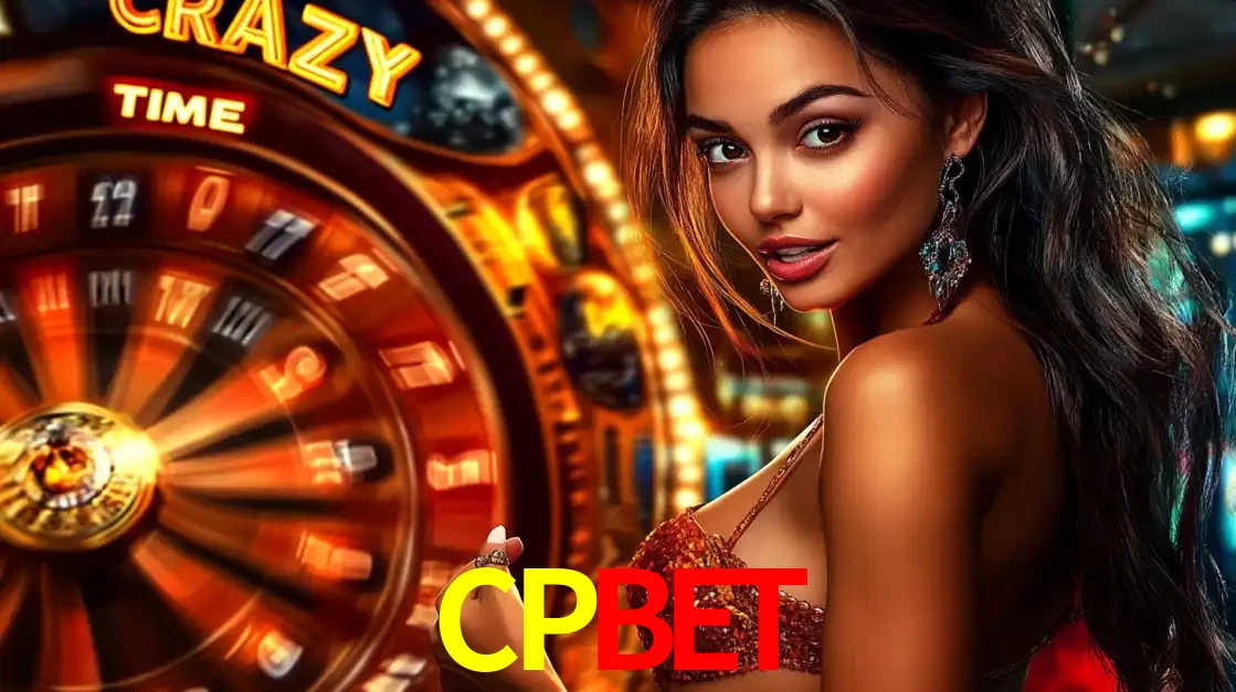 Mulher ao lado da roda de prêmios do jogo de cassino ao vivo Crazy Time, um dos shows de jogos mais emocionantes oferecidos pela plataforma de apostas CPBET.