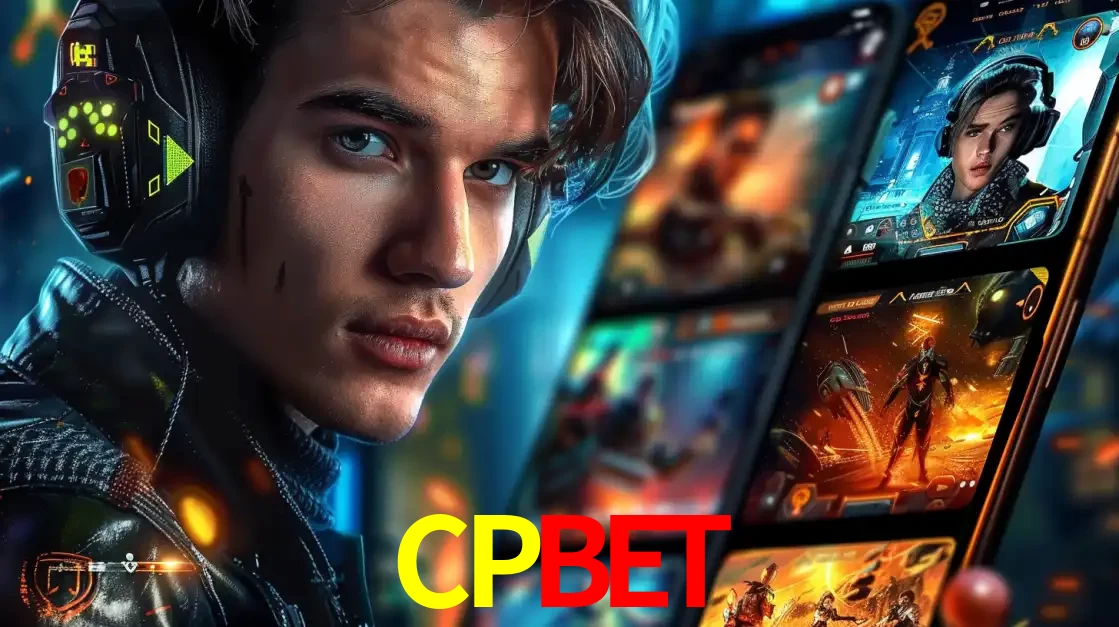 Jovem jogador com fones de ouvido olhando para a câmera, com um aplicativo de jogos e e-sports para celular ao fundo, pronto para a competição e apostas no CPBET.