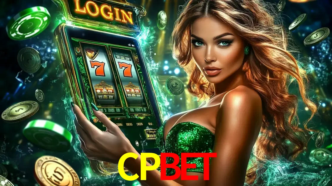 Mulher com tema verde apresentando o aplicativo do cassino CPBET com um jogo de slot de 777, cercada por fichas de cassino e uma aura de sorte.