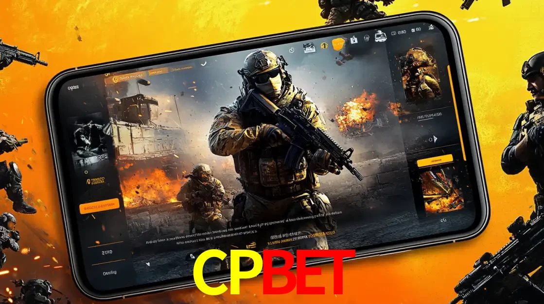 Um smartphone exibindo a interface de um jogo de tiro em primeira pessoa, com um soldado em um cenário de batalha, representando a ação dos e-sports para apostar no CPBET.