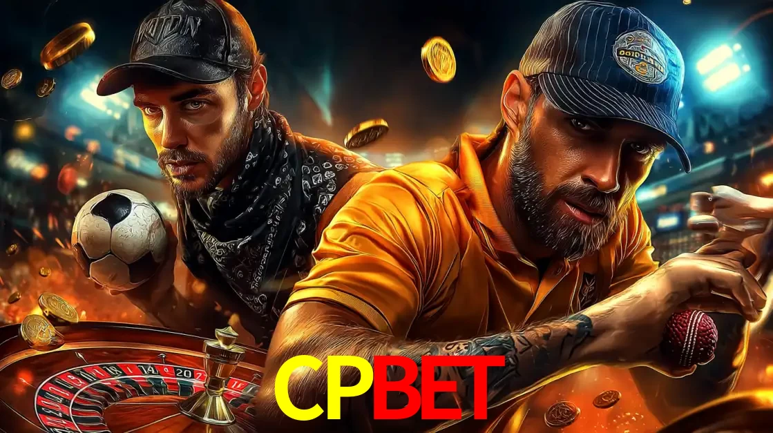 Montagem de apostas esportivas e cassino no CPBET, com um homem segurando uma bola de futebol e outro uma de beisebol sobre uma roleta e moedas voadoras.