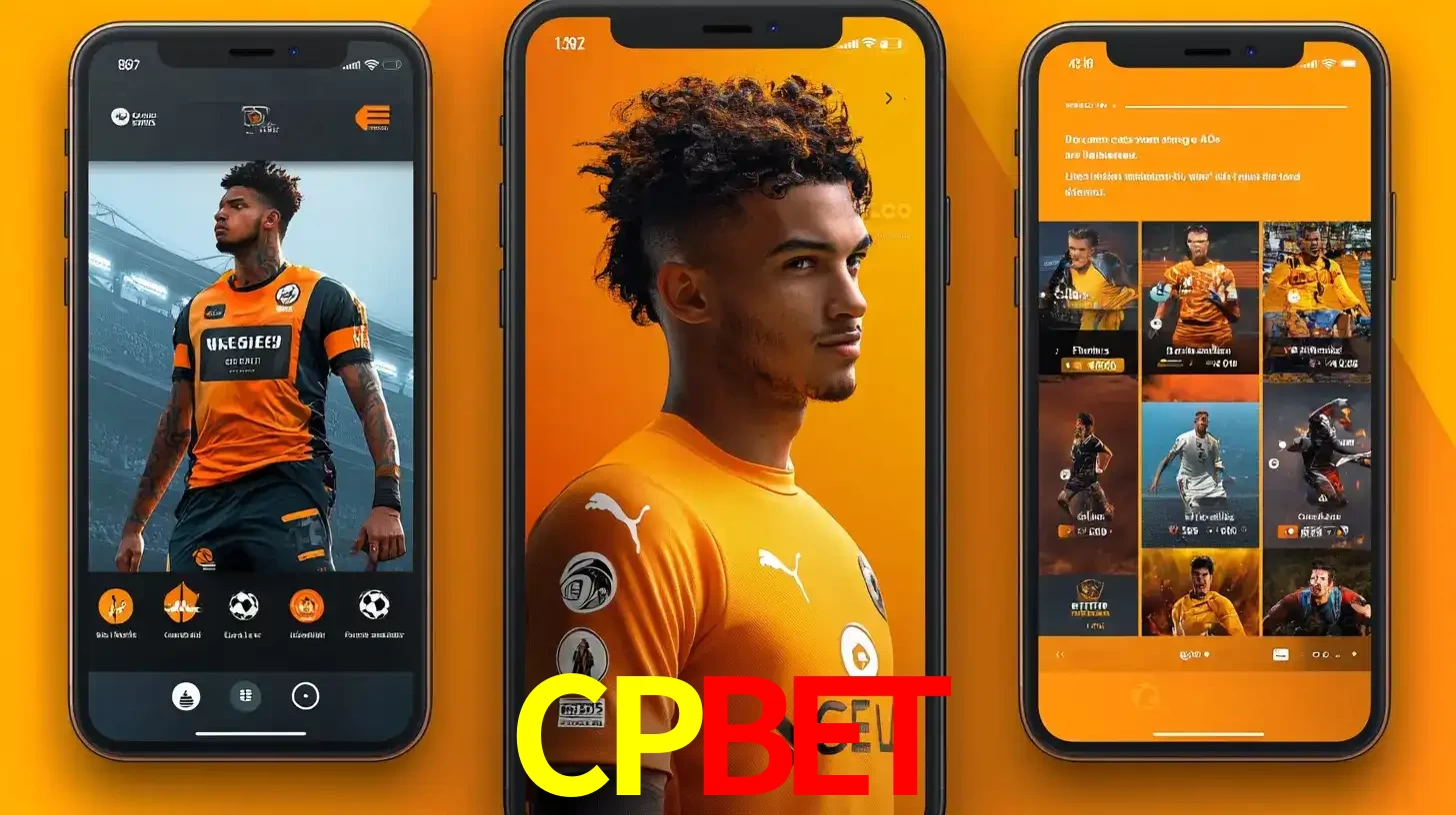 Interface do aplicativo de apostas esportivas CPBET em três telas de celular, mostrando o perfil de um jogador de futebol e a lista de jogos disponíveis para apostar.
