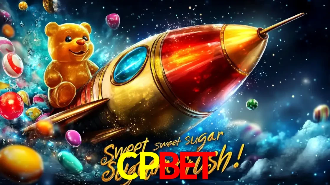 Arte promocional do jogo de slot Sugar Rush, com um urso de pelúcia em um foguete viajando pelo espaço de doces, um dos jogos divertidos disponíveis no cassino CPBET.
