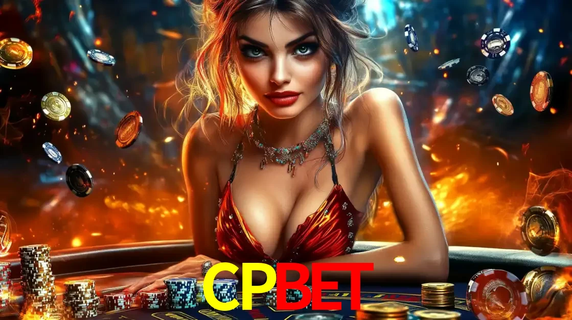 Mulher em uma mesa de cassino com pilhas de fichas e um fundo de fogo, pronta para uma rodada de altas apostas nos jogos de mesa emocionantes do cassino CPBET.