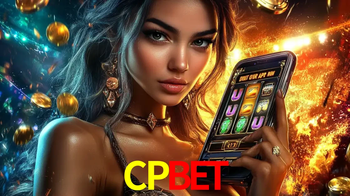 Mulher elegante mostrando um jogo de caça-níqueis em seu smartphone, destacando a experiência de cassino móvel oferecida pelo aplicativo CPBET.