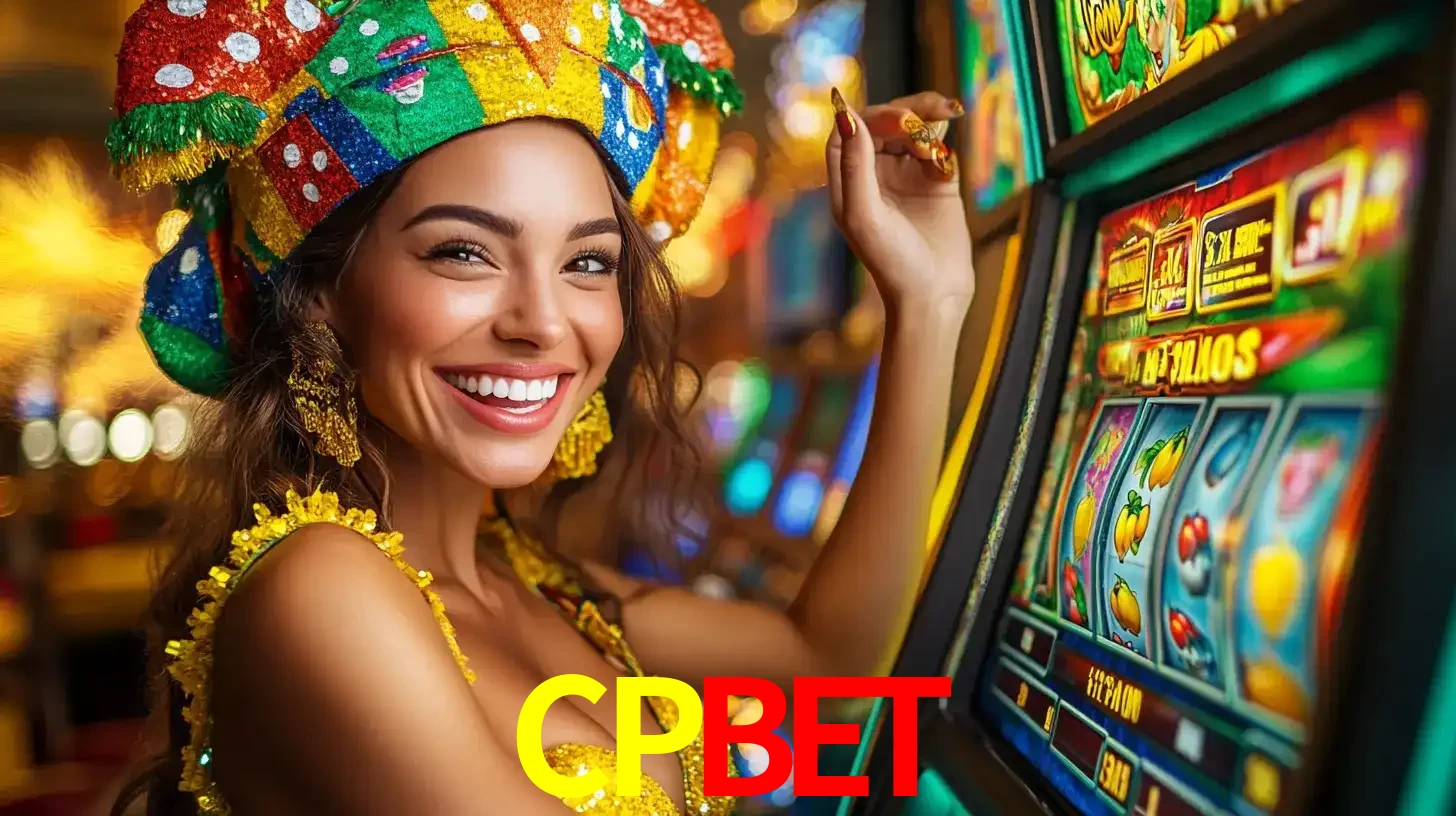 Mulher feliz com traje de carnaval amarelo e colorido ao lado de uma máquina de caça-níqueis, aproveitando a diversão e os jogos temáticos do cassino CPBET.